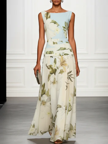 Dam Elegant Maxiklänning med Blommönster och Båtringning