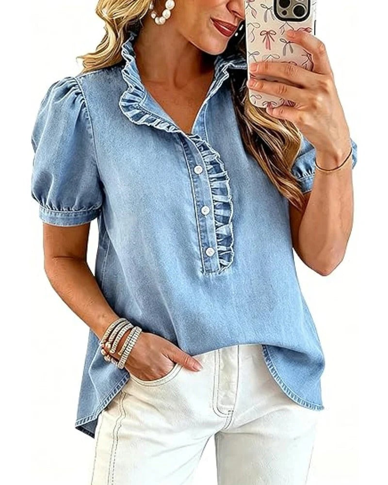 Dam Jeansblus med krage, korta puffärmar och volangdetaljer